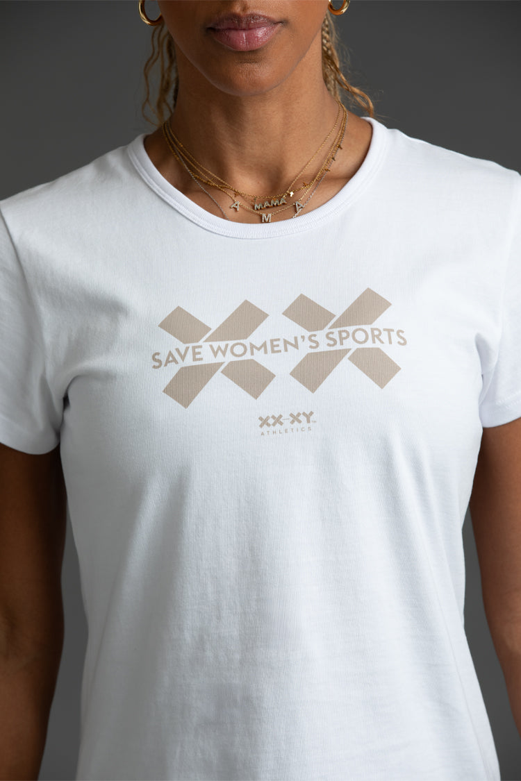 White t-shirt with 'Save Women's Sports' logo worn by a person || Taupe