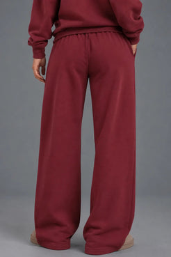 Back view of burgundy XX-XY Athletics wide-leg fleece sweatpants. || Red Wine