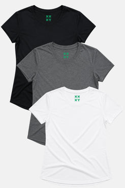 Three t-shirts in black, gray, and white with a green logo on a white background || Black/Dark Heather Gray/White