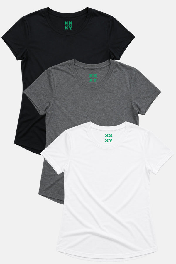 Three t-shirts in black, gray, and white with a green logo on a white background || Black/Dark Heather Gray/White