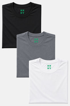 Three folded t-shirts in black, gray, and white with a green logo on a white background || Black/Dark Heather Gray/White