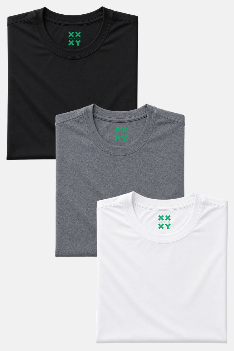 Three folded t-shirts in black, gray, and white with a green logo on a white background || Black/Dark Heather Gray/White