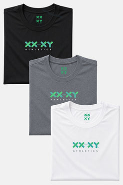 Three t-shirts in black, gray, and white with XXXY Athletics logo on a white background || Black/Dark Heather Gray/White