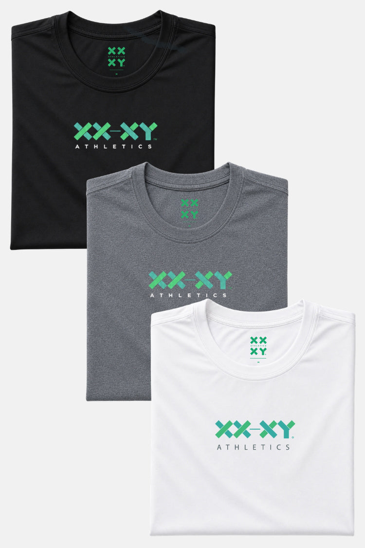 Three t-shirts in black, gray, and white with XXXY Athletics logo on a white background || Black/Dark Heather Gray/White