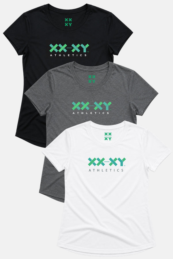 Three t-shirts in black, gray, and white with a green and blue logo on a white background || Black/Dark Heather Gray/White
