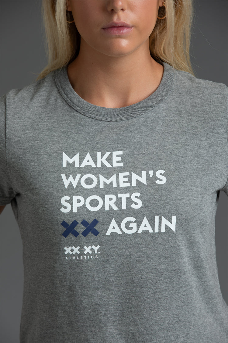 Gray t-shirt with 'MAKE WOMEN'S SPORTS XX AGAIN' text on a plain background || Light Heather Gray