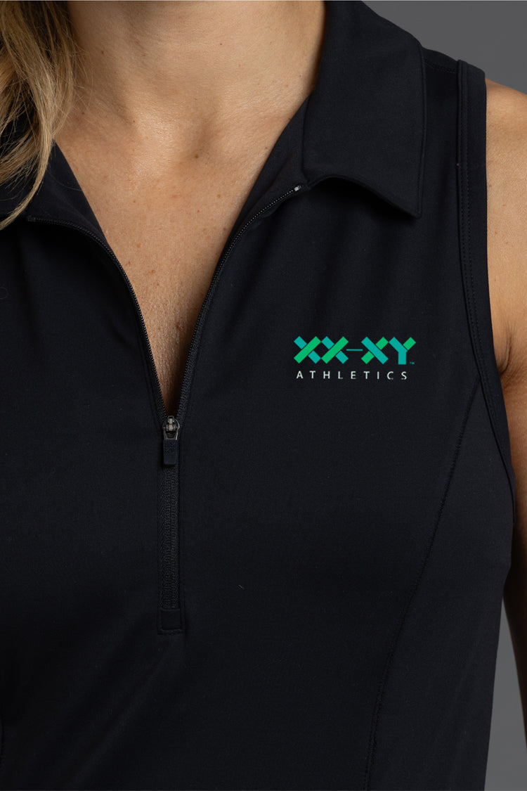 Black sleeveless athletic top with 'XXXY Athletics' logo