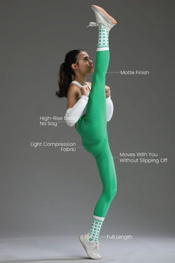 women wearing green leggings and white sneakers with text highlighting features || Kelly Green