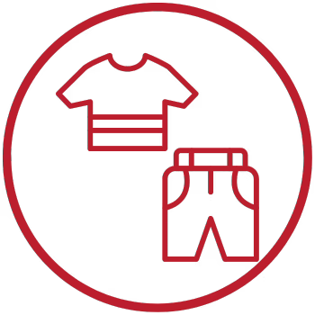 A minimalist red line icon depicting a t-shirt and shorts inside a circular border on a white background, serving as a generic apparel placeholder graphic.