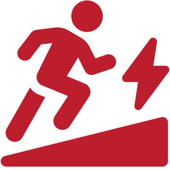 A red emergency exit-style icon showing a running figure, a lightning bolt, and a sloped barrier on a white background.