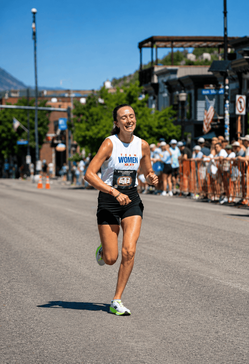 A female runner wearing a white sleeveless top with 'WOMEN'S 10K' and '2025' printed on the front, paired with black shorts, running down a city street during a race.