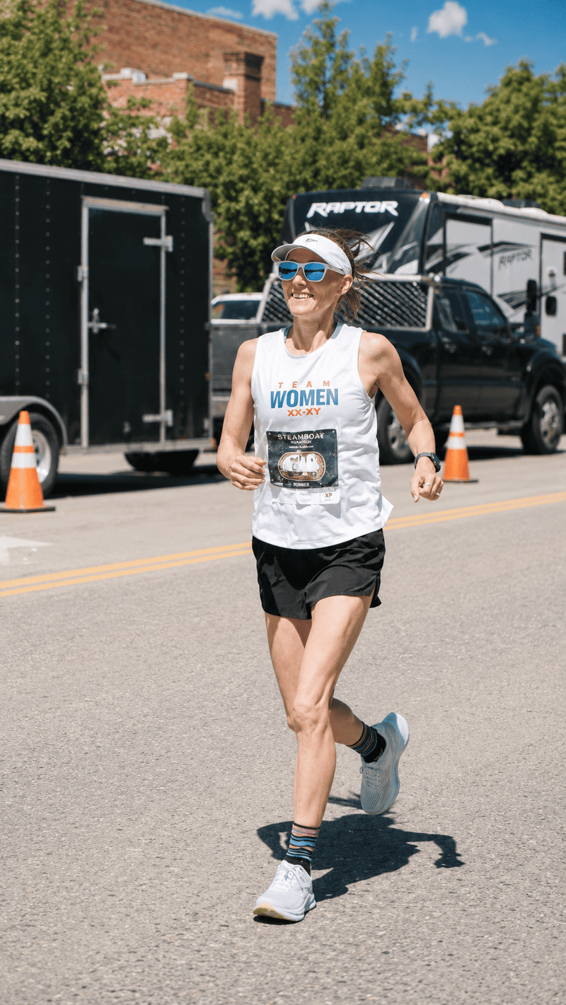 A woman running on a paved road wearing a white sleeveless athletic tank top with 'WOMEN' printed on the front, black shorts, white running shoes, and a white visor. Trucks and orange traffic cones are visible in the background.