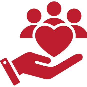A red vector icon depicting a hand supporting a large heart with three smaller silhouettes above it, on a white background.
