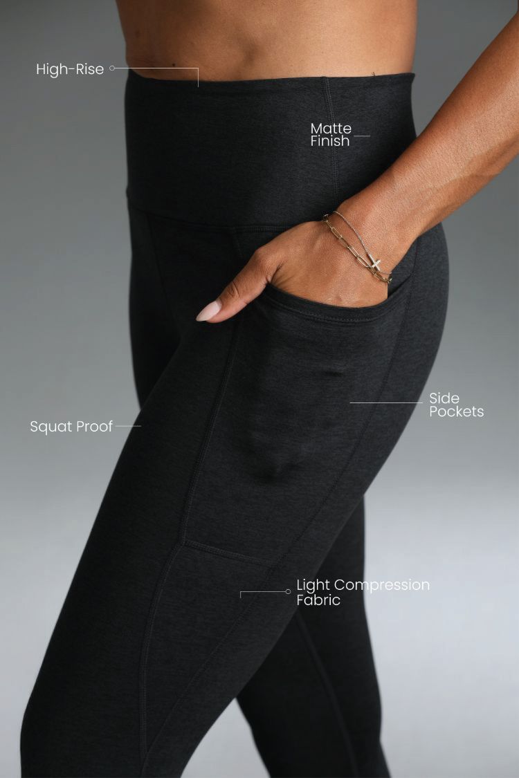 Black leggings with text labels on a gray background || Black Heather
